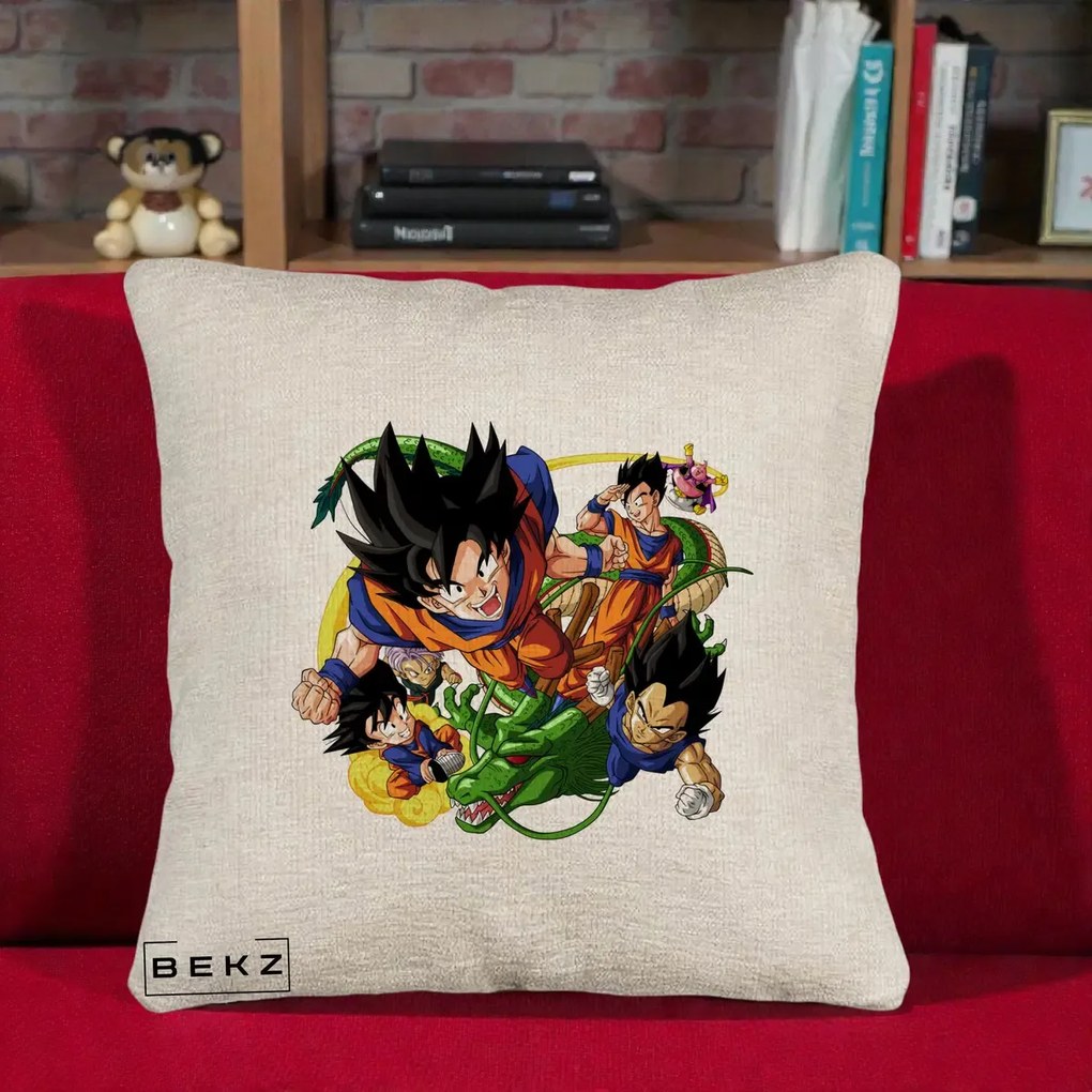 Perna Personalizata Dragon Ball Goku si Shenron Actiune, 40x40 cm, Bej Canapea, Husa Detasabila, Perna Inclusa, BEKZ®