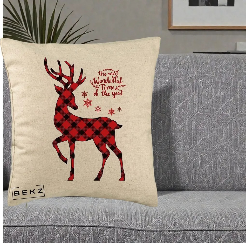 Perna Decorativa Ren Buffalo Plaid Craciun, 40x40 cm, Bej, Husa Detasabila, Perna Inclusa, BEKZ®