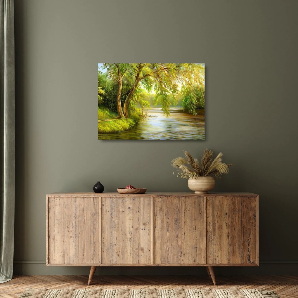 Tablou pe sticlă - Salcie lângă lac, pictură în ulei (70x50 cm)