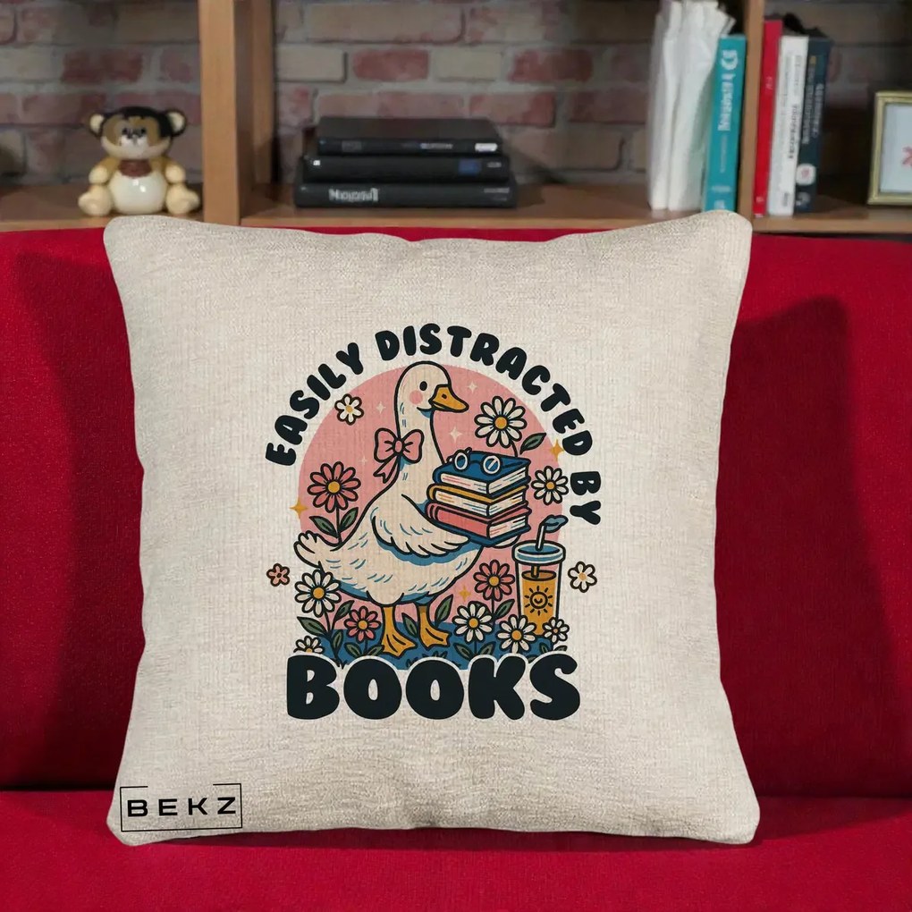 Perna Personalizata Easily Distracted by Books, 40x40 cm, Bej Canapea, Husa Detasabila, Perna Inclusa, BEKZ®