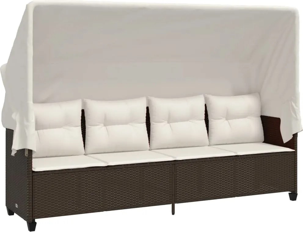 vidaXL Șezlong cu baldachin și perne, maro, poliratan