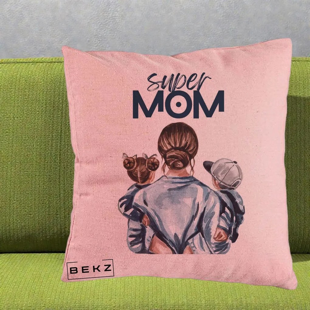 Cadou pentru Mama - Perna Personalizata Super Mom, 40x40 cm, Roz, Husa Detasabila, Perna Inclusa, BEKZ®