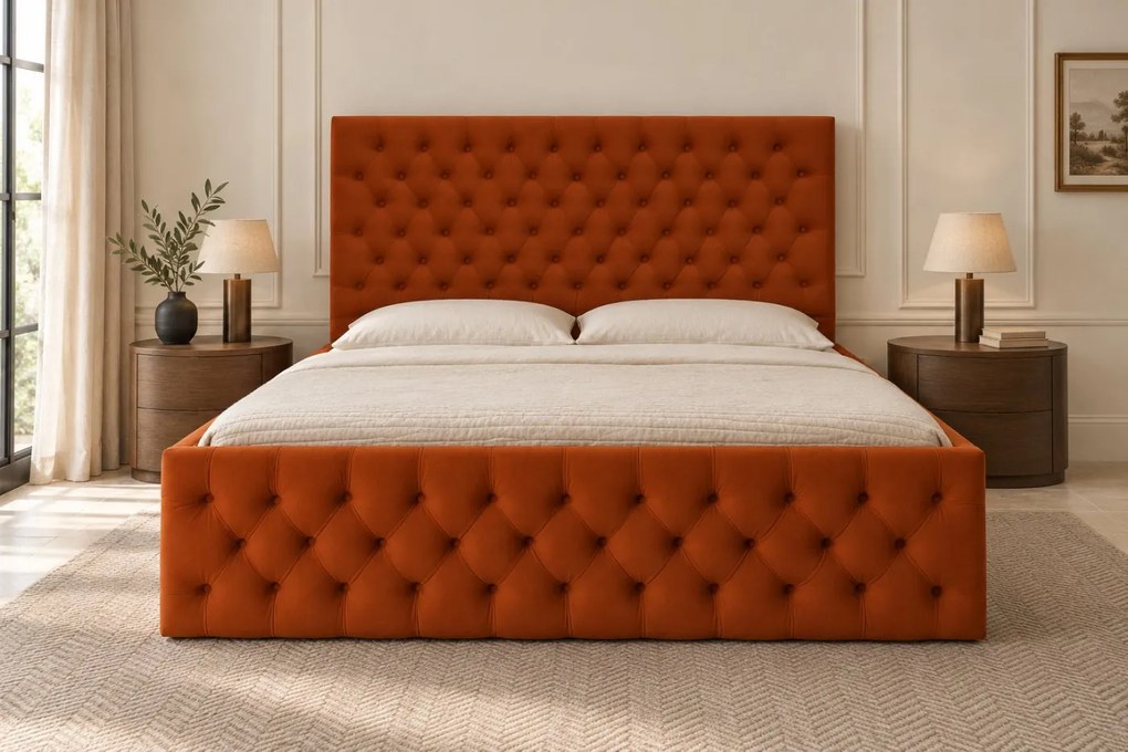 Pat tapițat Monza Deluxe 120×200 cm, cărămiziu, cu ladă de depozitare