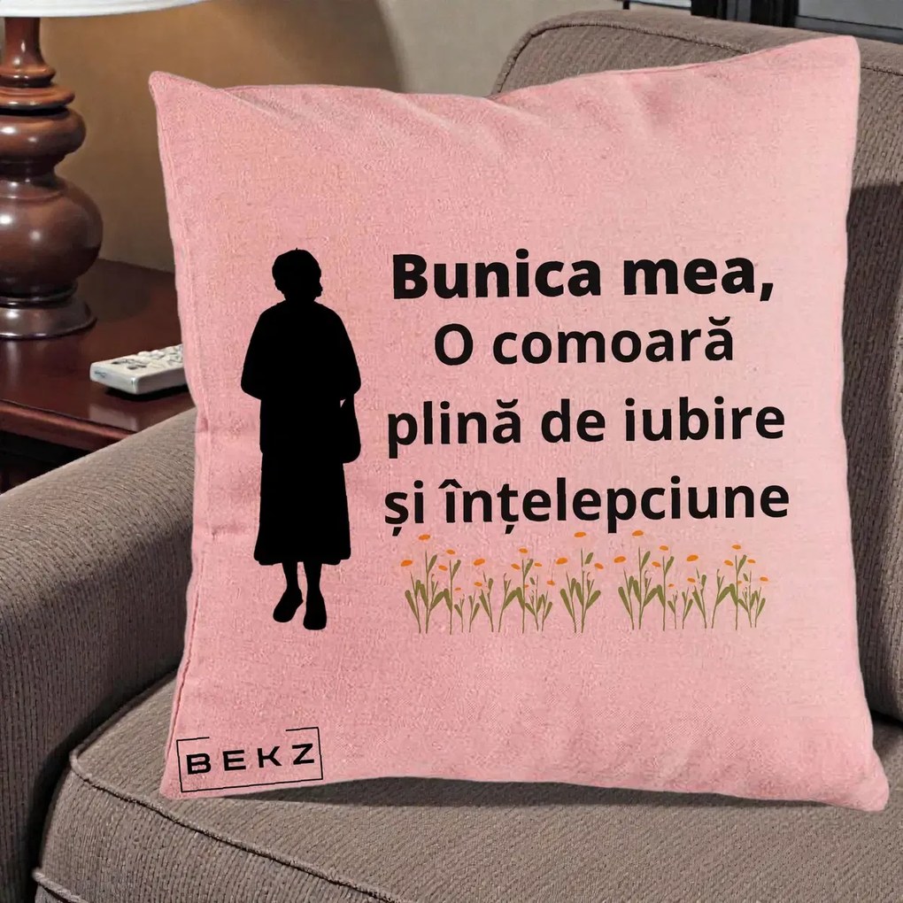 Cadou pentru Bunica - Perna Personalizata Bunica Mea Comoara Iubire Intelepciune Silueta cu Nepoata, 40x40 cm, Roz, Husa Detasabila, Perna Inclusa, BEKZ®