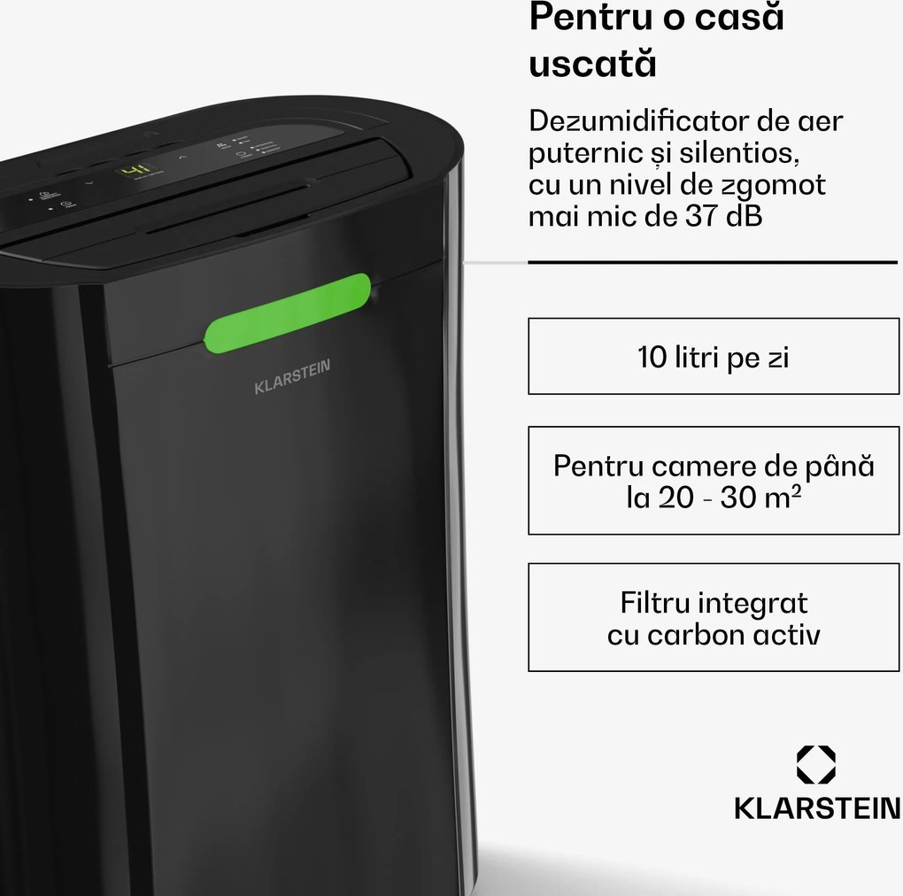 Klarstein AeroDry 10 dezumidificator, 165 W, 10 l/zi, 135 m³/h, pentru suprafețe de până la 30 m², Funcția DrySelect