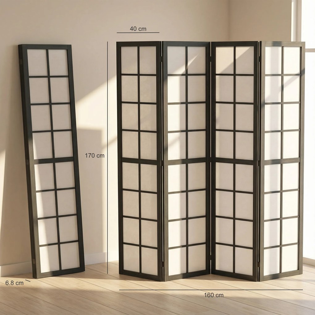 HOMCOM Paravan de Interior Pliabil cu 4 Panouri din Lemn și Material Nețesut, 160x170 cm, Negru și Alb | Aosom Romania