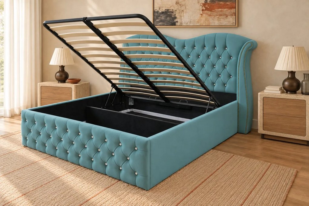 Pat tapițat Chesterfield Avella 160×200 cm, verde marin, cu ladă de depozitare