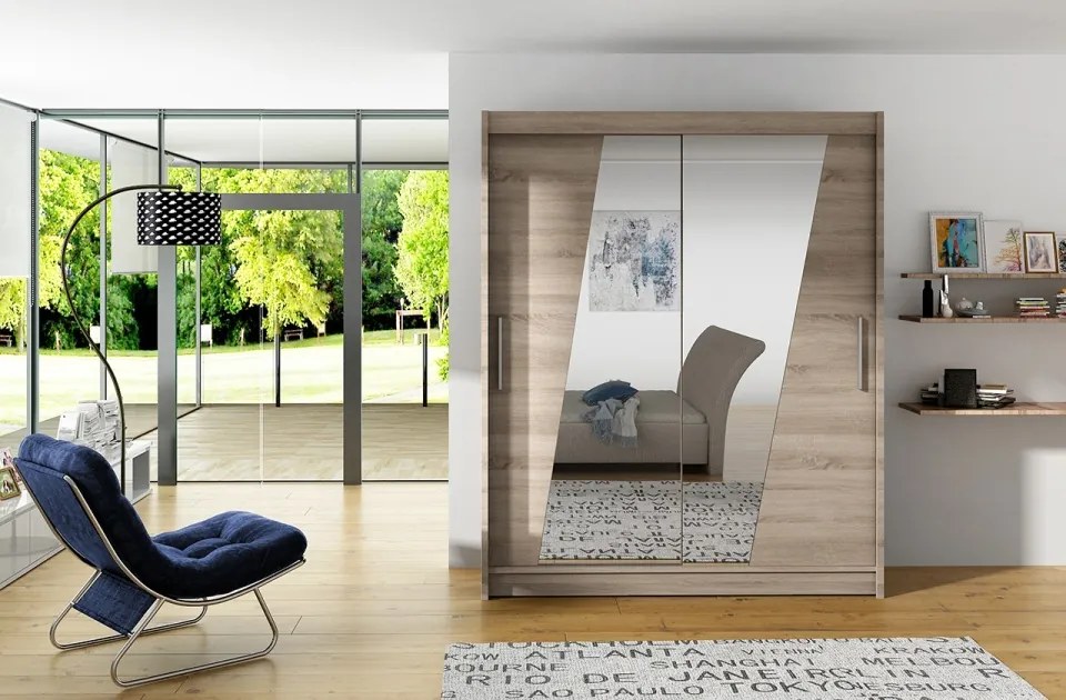 Dulap cu usi glisante si oglinda, 150x200 cm, Bolton, ADRK Furniture (Culoare: Ciocolata)