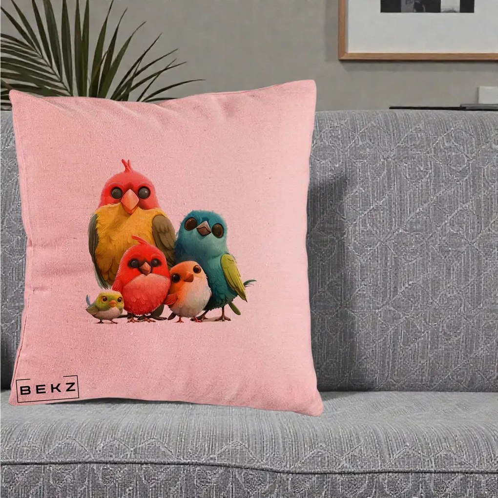 Perna decorativa Familie de Pasarele Colorate, 40x40 cm cu Umplutura, Roz, BEKZ
