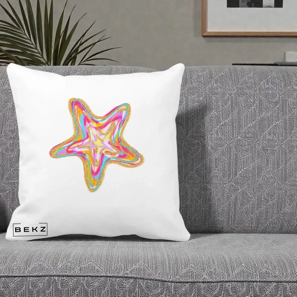 Perna Decorativa Stea de Mare Neon Curcubeu, 40x40 cm, Alba Mata, Husa Detasabila, Perna Inclusa, BEKZ®