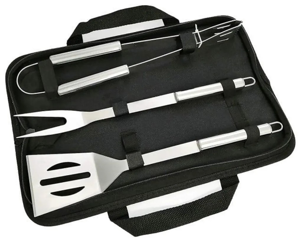 Set 3 ustensile gratar din inox HouseXL BBQ, Cu geanta transport inclusa, Cleste, Spatula si Furculita gratar