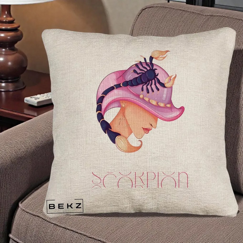 Perna Personalizata Zodiac Scorpion Cowgirl, 40x40 cm, Bej Canapea, Husa Detasabila, Perna Inclusa, BEKZ®