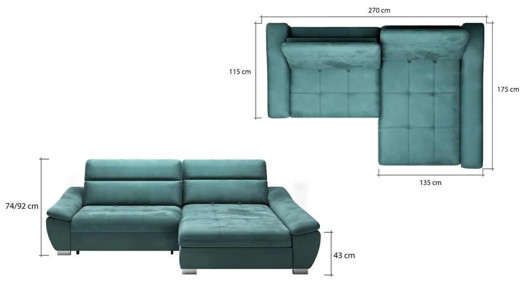 Coltar living extensibil Cala pe dreapta – L 270 x l 175 x h 92 cm