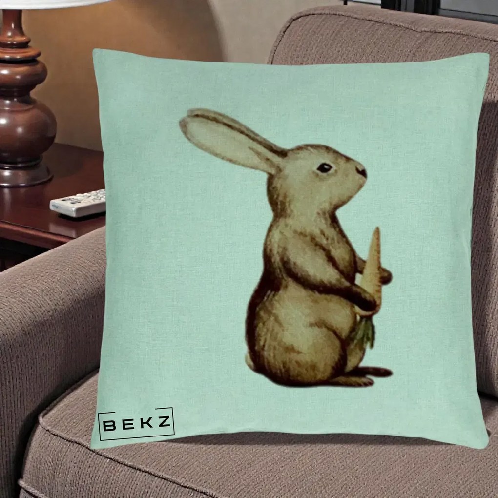 Perna Decorativa Iepuras Acuarela cu Morcov, 40x40 cm, Verde Menta, Husa Detasabila, Perna Inclusa, BEKZ®