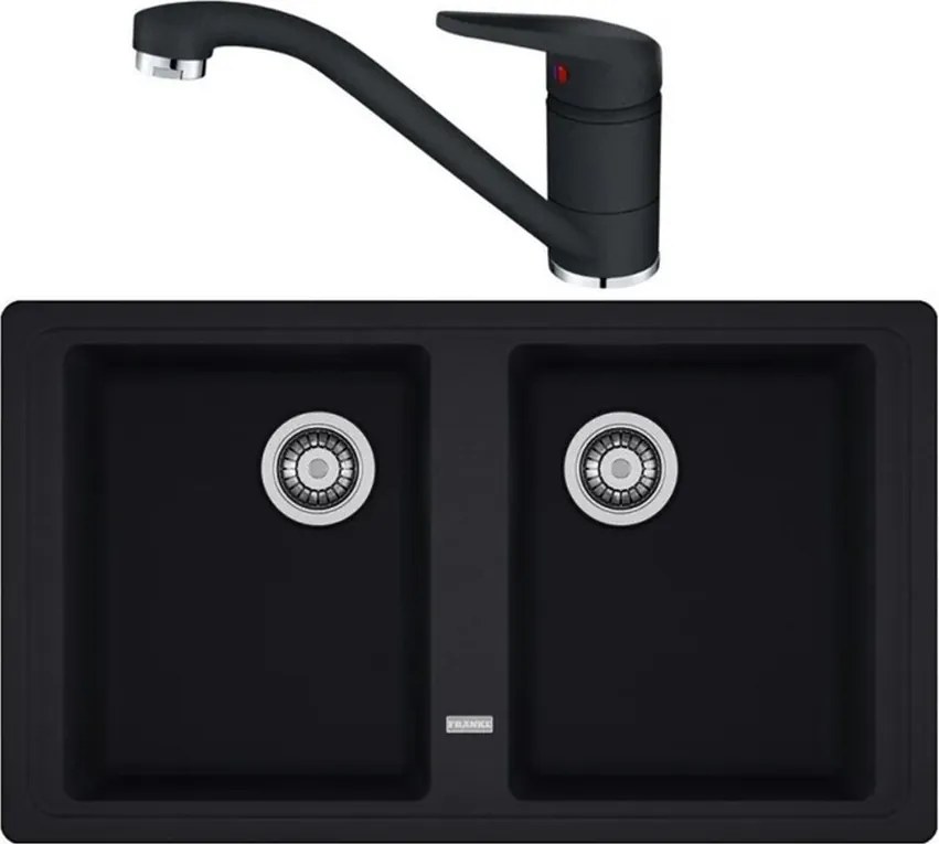 Set chiuveta bucatarie compozit Franke Basis 2 cuve fara picurator 86x50 cm finisaj negru mat cu baterie Novara Plus