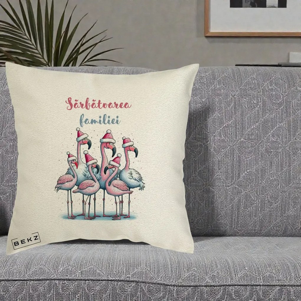 Perna Decorativa Flamingo Craciun Sarbatoarea Familiei, 40x40 cm, Ecru, Husa Detasabila, Perna Inclusa, BEKZ®
