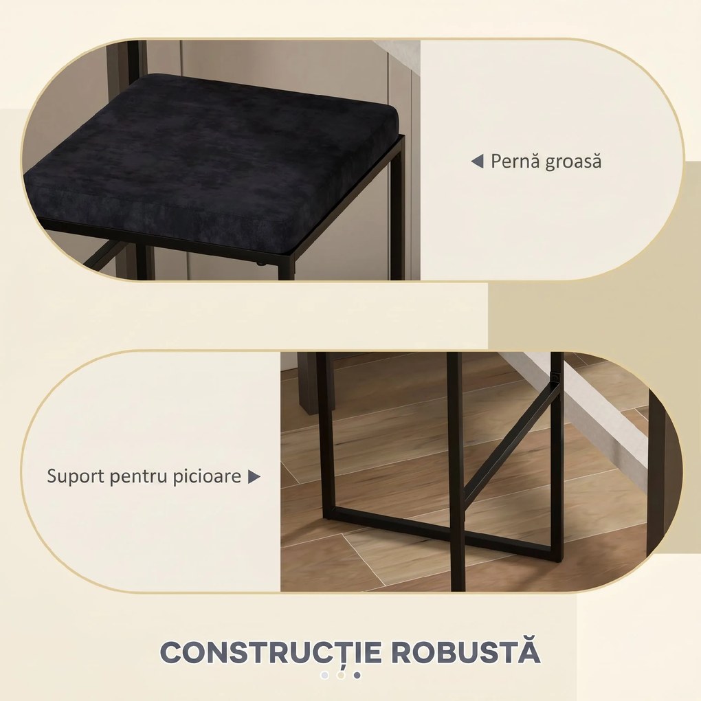 HOMCOM Set 2 scaune de bar industriale cu spătar, suport pentru picioare și șezut tapițat, din oțel și catifea, negre | Aosom Romania