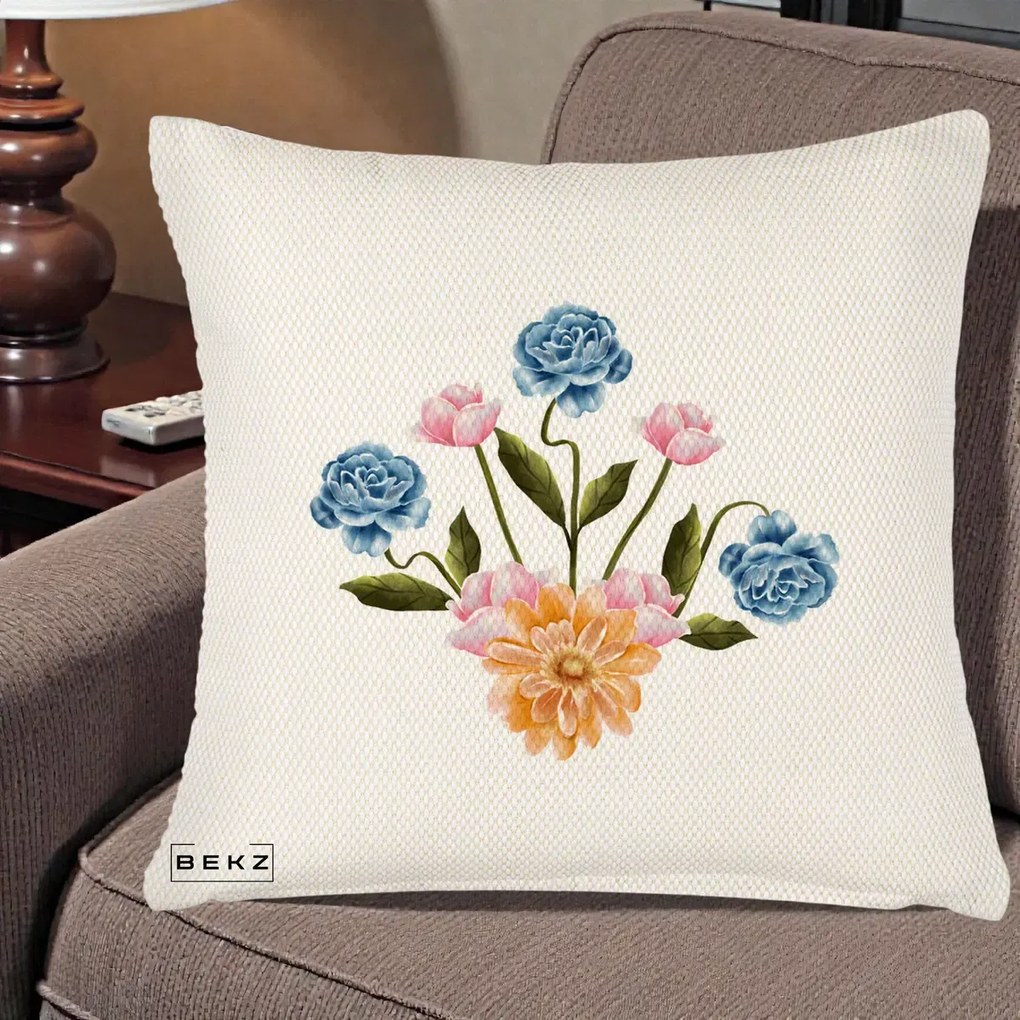 Perna Decorativa Buchet Primavara Acuarela, 40x40 cm, Crem Reliefat, Husa Detasabila, Perna Inclusa, BEKZ®