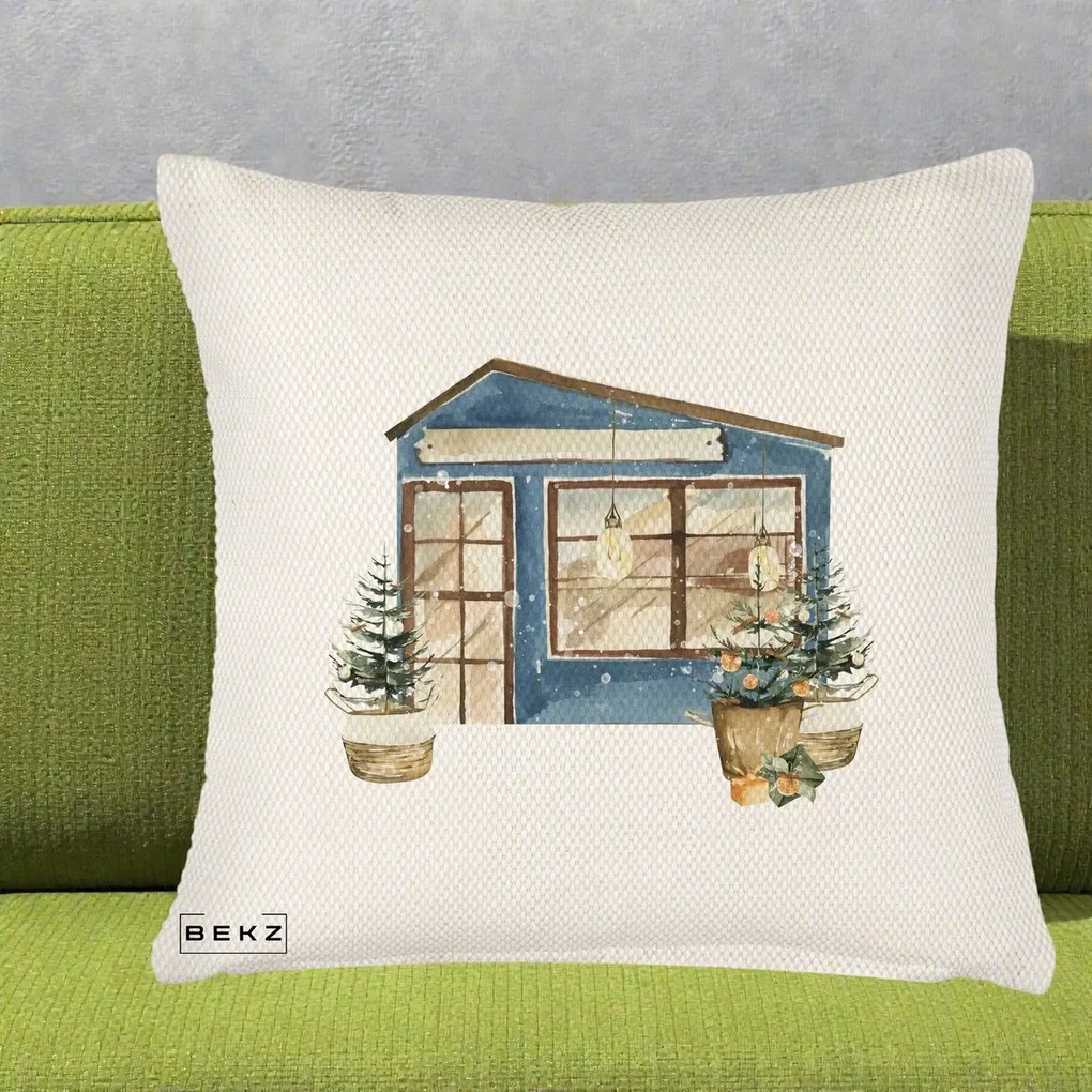 Perna Decorativa Casa de Iarna Watercolor, 40x40 cm, Crem Reliefat, Husa Detasabila, Perna Inclusa, BEKZ®