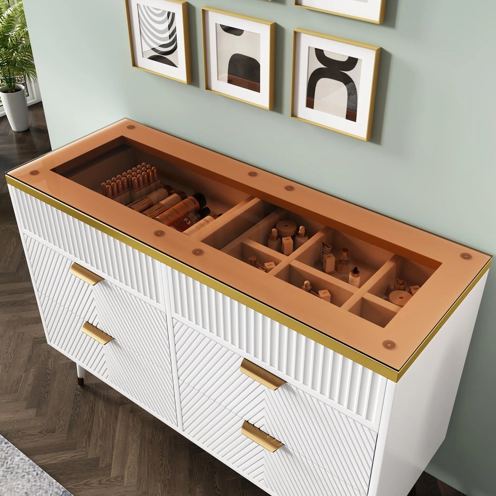 Comodă cu 6 sertare și sticlă chihlimbar, dulap înalt pentru dormitor și living, 120x40x76 cm, Alb