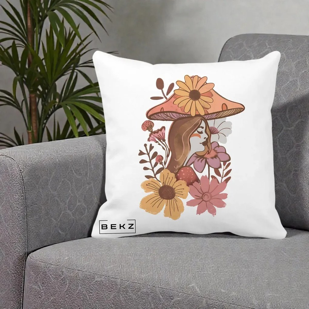 Perna Decorativa Fata Ciuperca Florala Boho, 40x40 cm, Alba Mata, Husa Detasabila, Perna Inclusa, BEKZ®