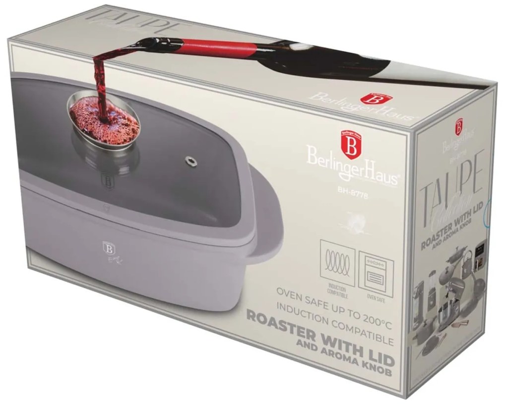 Tava cuptor cu capac, roaster 6 l , 32x21 cm - Taupe Berlinger Haus BH 8778, gri, antiaderenta, pentru friptura, titan