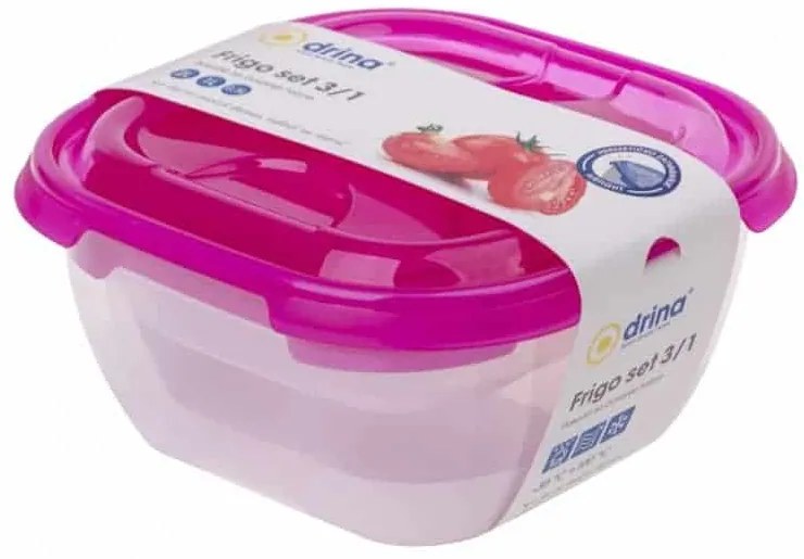 Set de 3 Cutii alimentare cu Capac Roz, pătrate, 0.5-2l