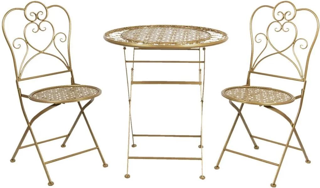 Set 2 scaune pliabile si 1 masa din fier auriu Ø 70 cm x 75 h