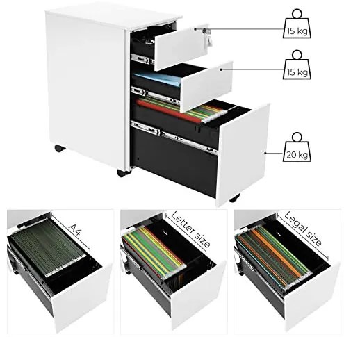Corp mobil pentru birou / rollbox, 45 x 30 x 60 cm, metal, alb, Songmics