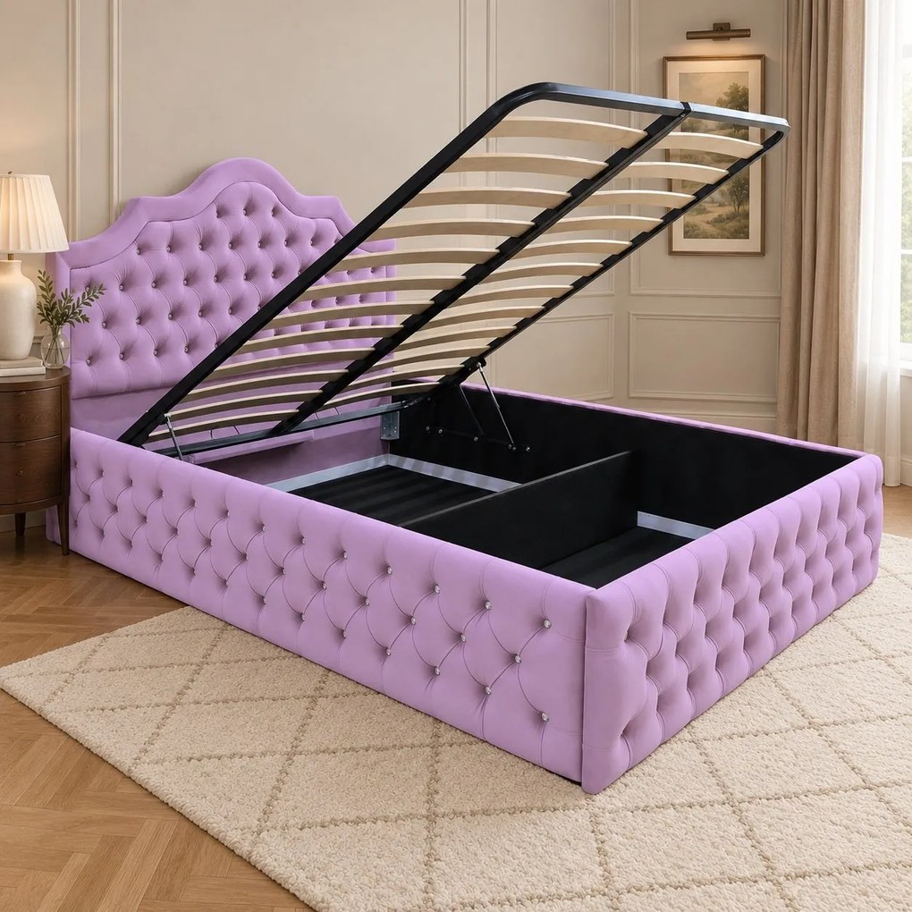 Pat tapițat Chesterfield din catifea Imperio Deluxe 160×200 cm, lila, cu ladă de depozitare