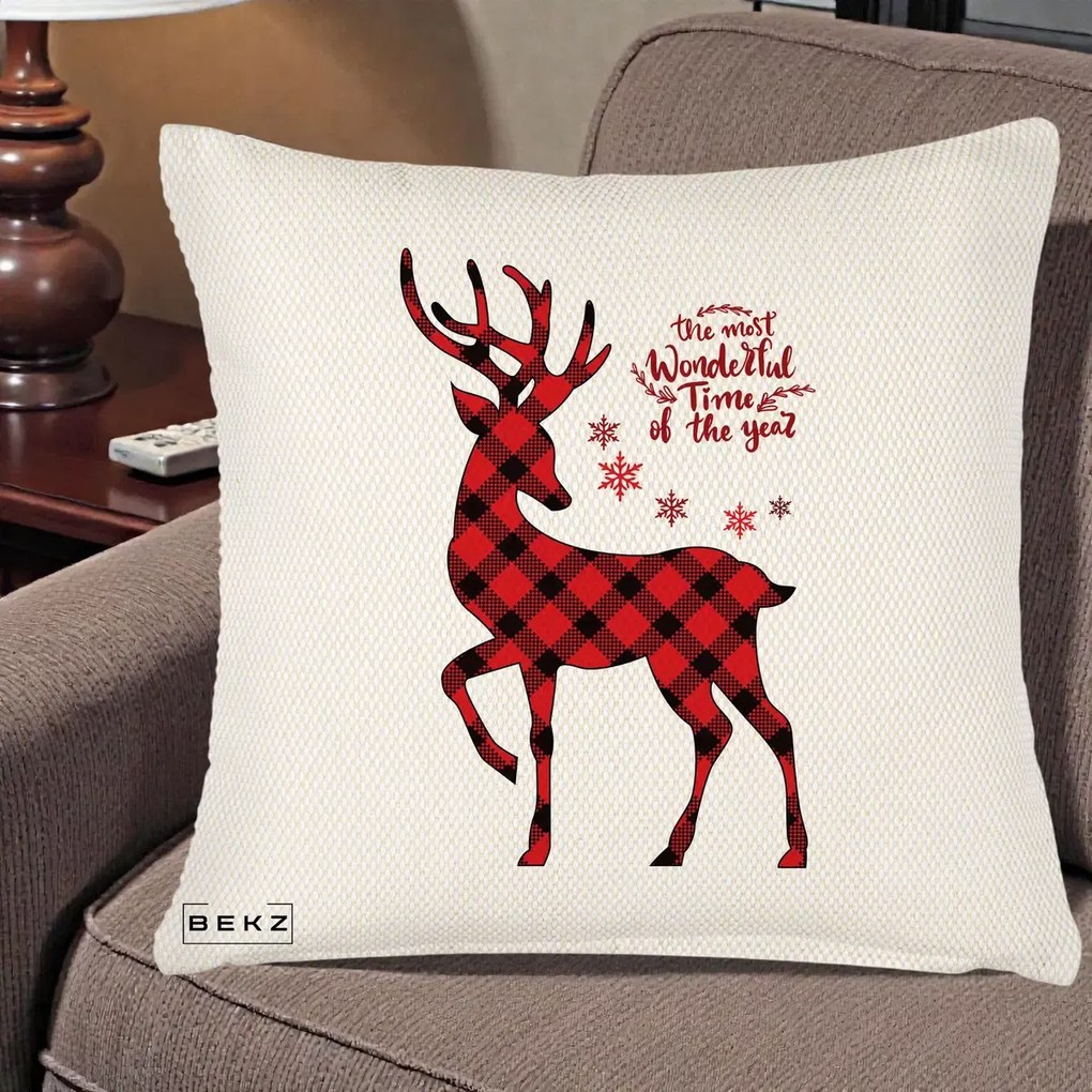 Perna Decorativa Ren Buffalo Plaid Craciun, 40x40 cm, Crem Reliefat, Husa Detasabila, Perna Inclusa, BEKZ®