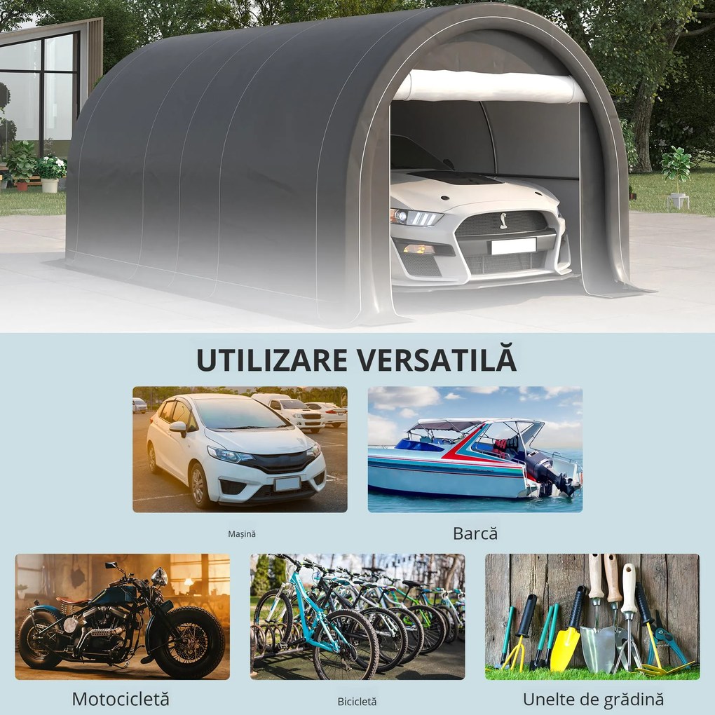Outsunny Șopron Auto, Cort de Depozitare Portabil de Mare Capacitate cu Ușă, Copertina PE Anti-UV pentru Mașină, Barcă, Motocicletă, 3x5 m, Gri