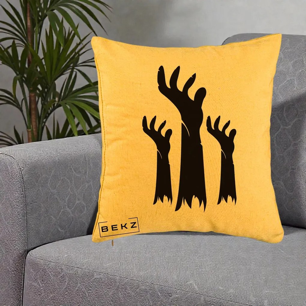 Perna Decorativa Halloween Maini Zombie Alb-Negru, 40x40 cm, Galben, Husa Detasabila, Perna Inclusa, BEKZ®