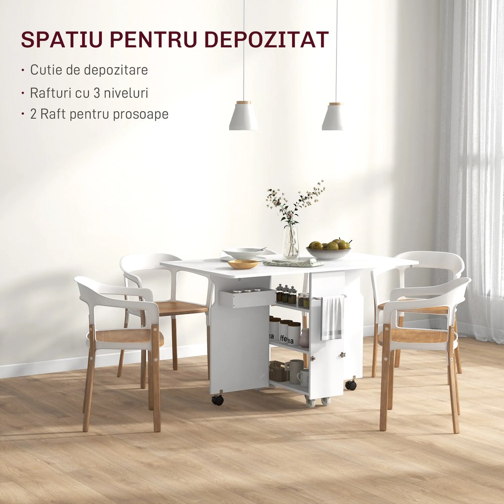 HOMCOM Masă pliabilă cu 2 frunze picătură și spațiu de depozitare, 3 rafturi, pentru 6 persoane, extensibilă, 130x80x76.5 cm | Aosom Romania