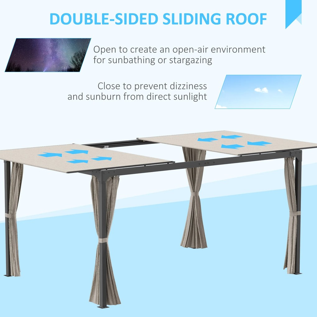 Outsunny Foisor cu pergola 3 x 3 (m) cu acoperis extensibil, Adapost cu copertina cu pergola retractabila cu perdele, Cadru din aluminiu pentru gradina, peluza, curte si terasa, bej | Aosom Romania