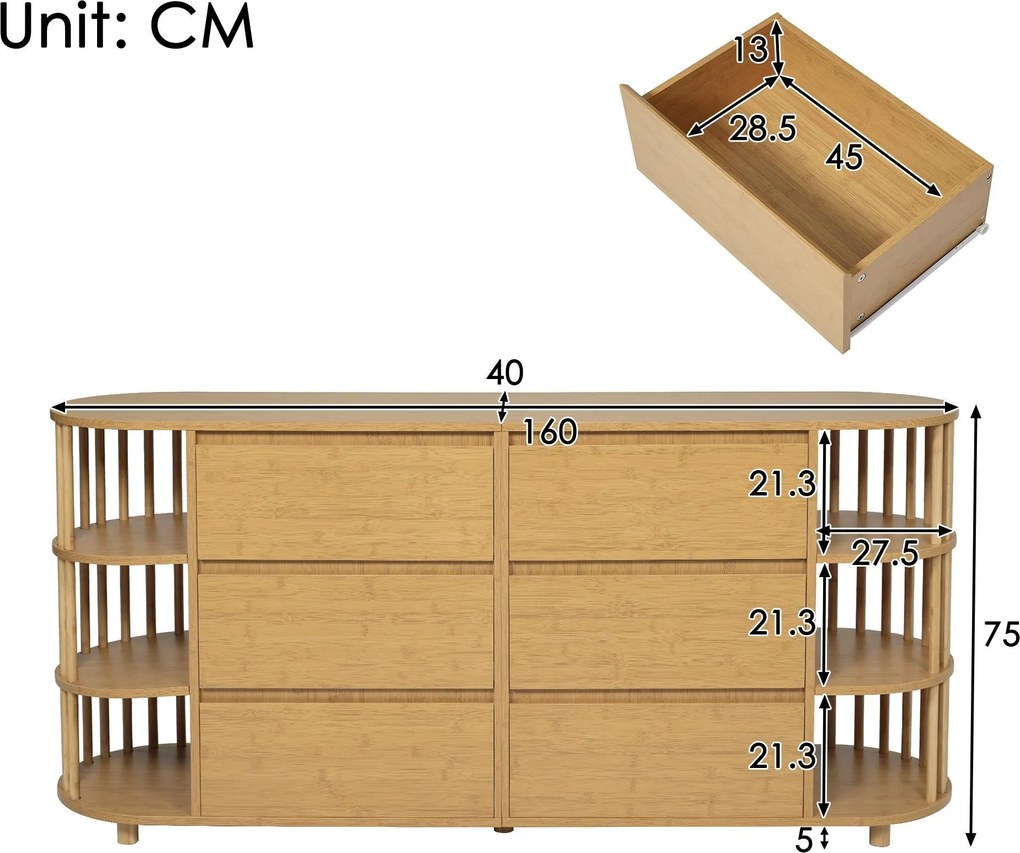 Comodă Sideboard, 6 sertare &amp; rafturi deschise, design în stil roman cu coloane &amp; rafturi din bambus, 160x40x75 cm, Culoare naturală