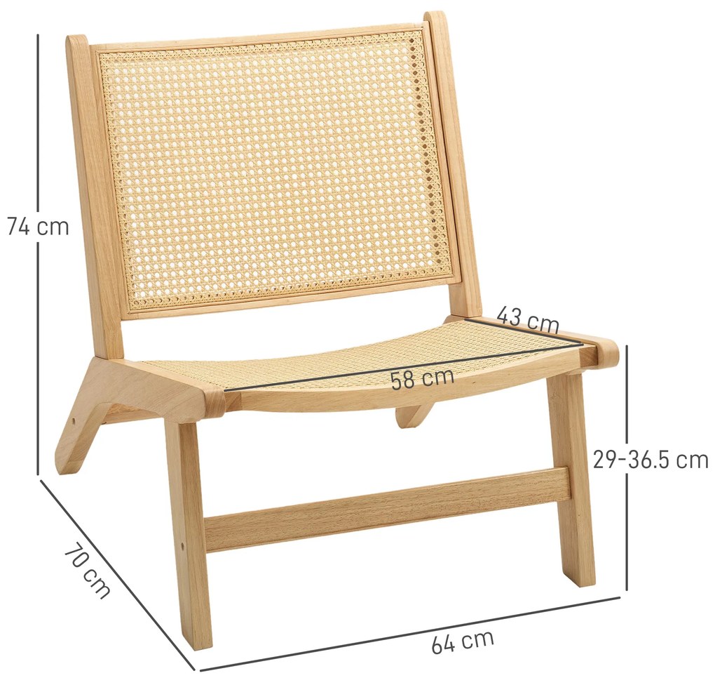 HOMCOM Fotoliu din Răchită, Fotoliu de Lectură, Cadru din Lemn, Design Larg, 64 x 70 x 74 cm, Lemn Natural | Aosom Romania