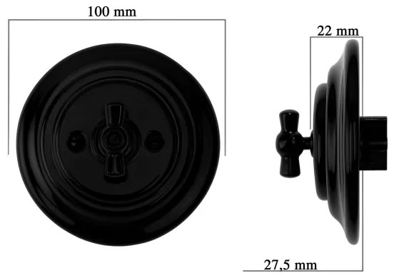 Bohemia-Design - Întrerupător retro rotativ din porțelan cu ramă nr. 7, negru