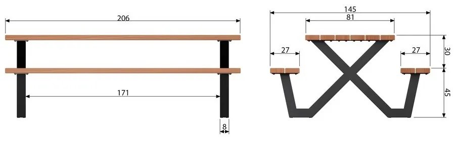 Masă de grădină cu bănci fixe WOOOD Tablo, 206 x 145 cm