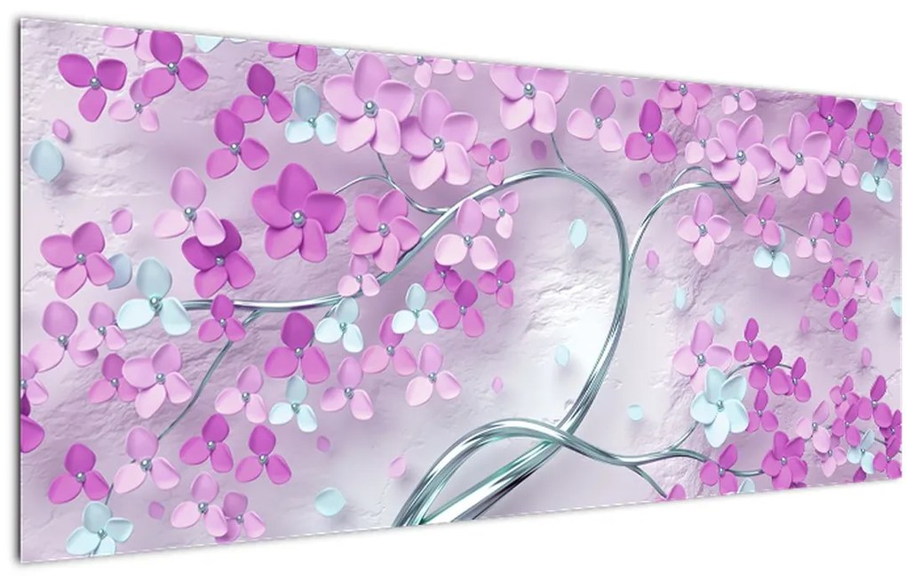 Tablouri cu flori pe trunchi argintiu - abstract (120x50 cm)