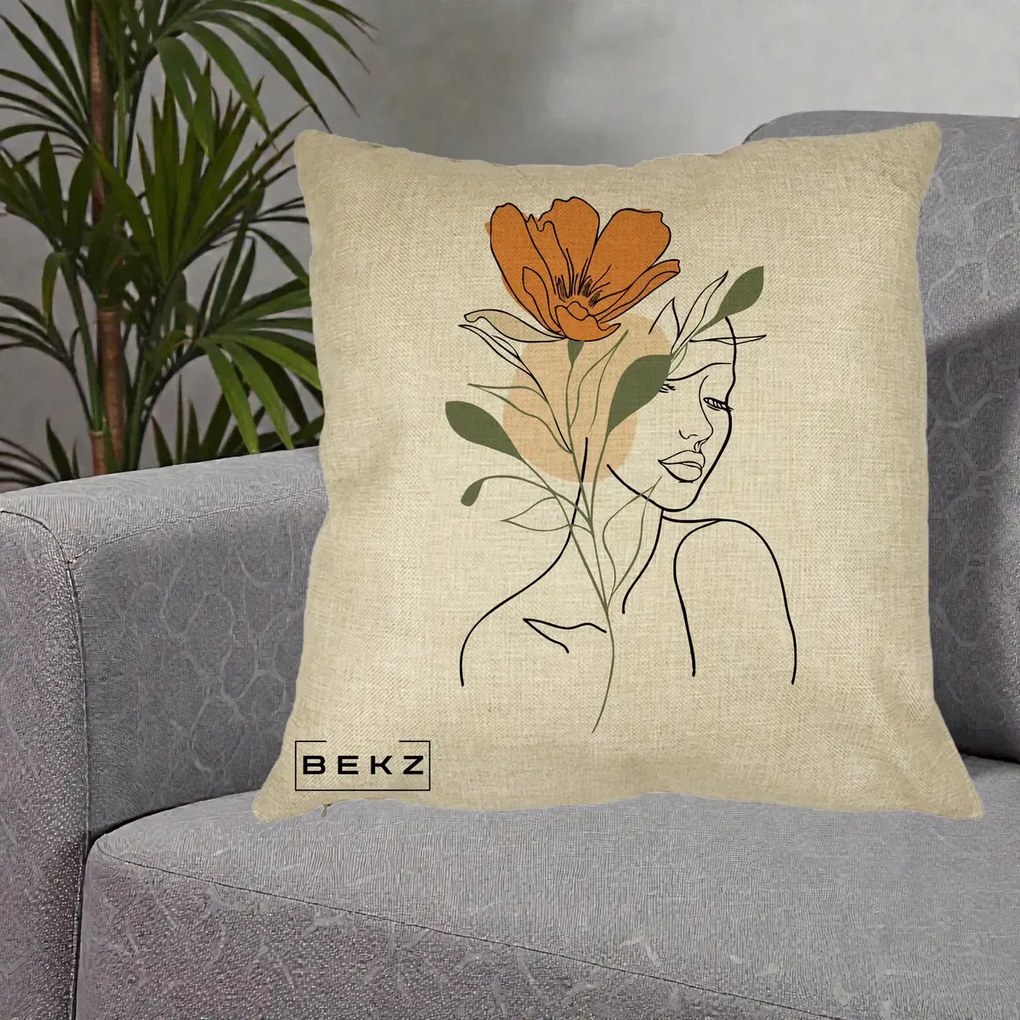 Perna Decorativa Portret Feminin Floare Portocalie, 40x40 cm, Crem, Husa Detasabila, Perna Inclusa, BEKZ®