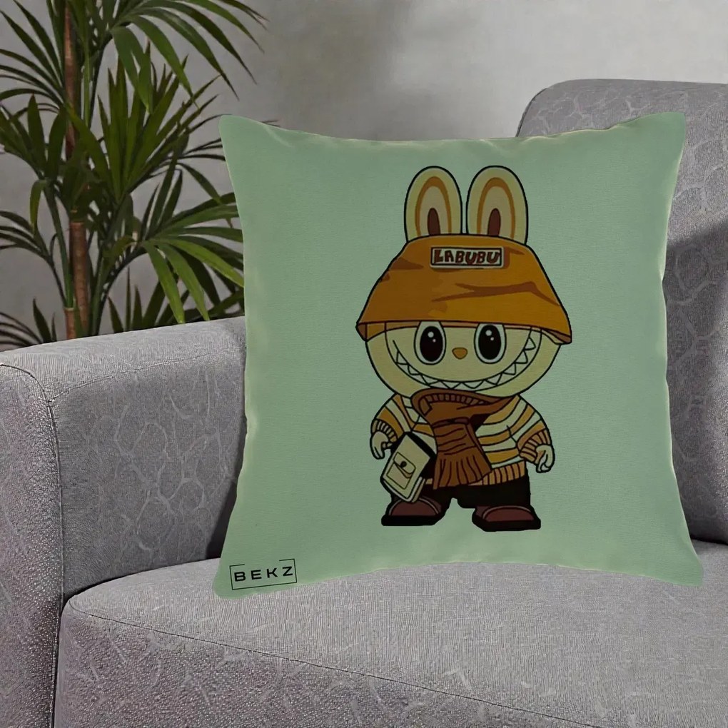 Perna Personalizata Labubu Streetwear Portocaliu, 40x40 cm, Verde, Husa Detasabila, Perna Inclusa, BEKZ®