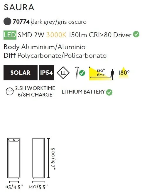 Stalp LED solar iluminat exterior cu senzor de miscare IP54 SAURA