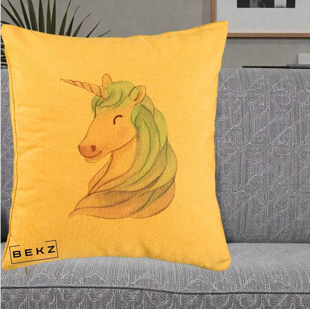 Perna Decorativa Unicorn Acuarela Pastel, 40x40 cm, Galben, Husa Detasabila, Perna Inclusa, BEKZ®