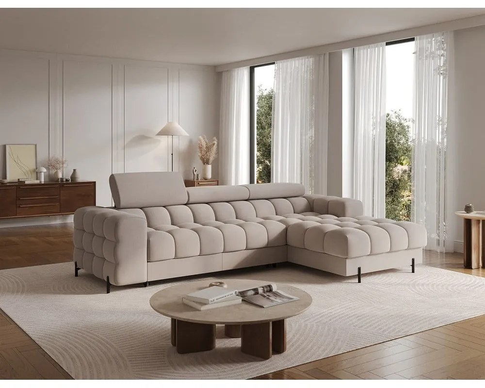 Colțar bej extensibil/cu spațiu de depozitare cu tapițerie din catifea (cu colț pe partea dreaptă/cu șezlong) Felro – ELTAP