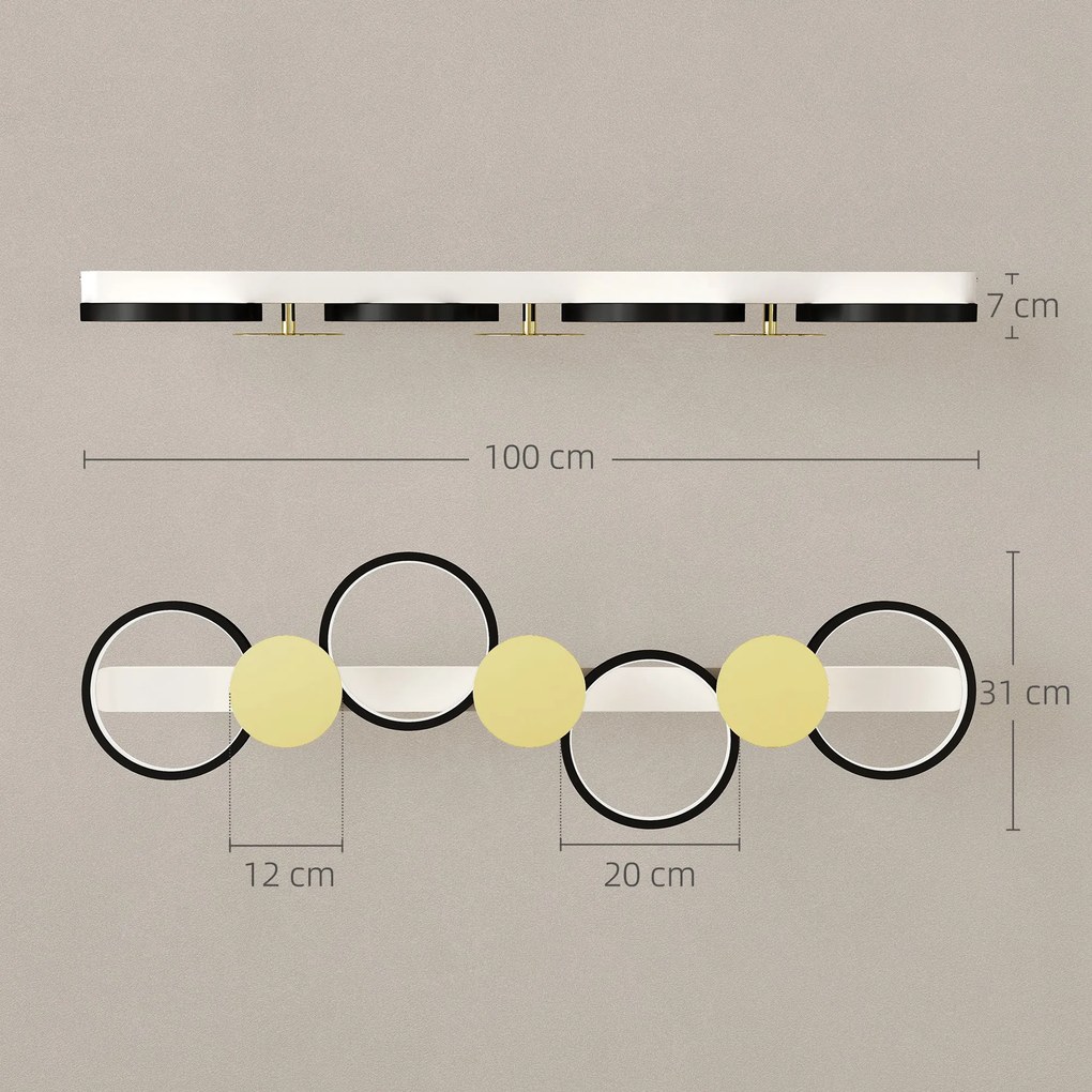 HOMCOM Lampă de tavan LED 38W 1500LM 3000K-6500K Lampă pentru living cu 4 becuri Telecomandă Schwarz+Gold | Aosom Romania