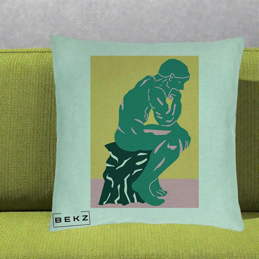 Perna Decorativa Ganditorul Sculptura Pop Art, 40x40 cm, Verde Menta, Husa Detasabila, Perna Inclusa, BEKZ®