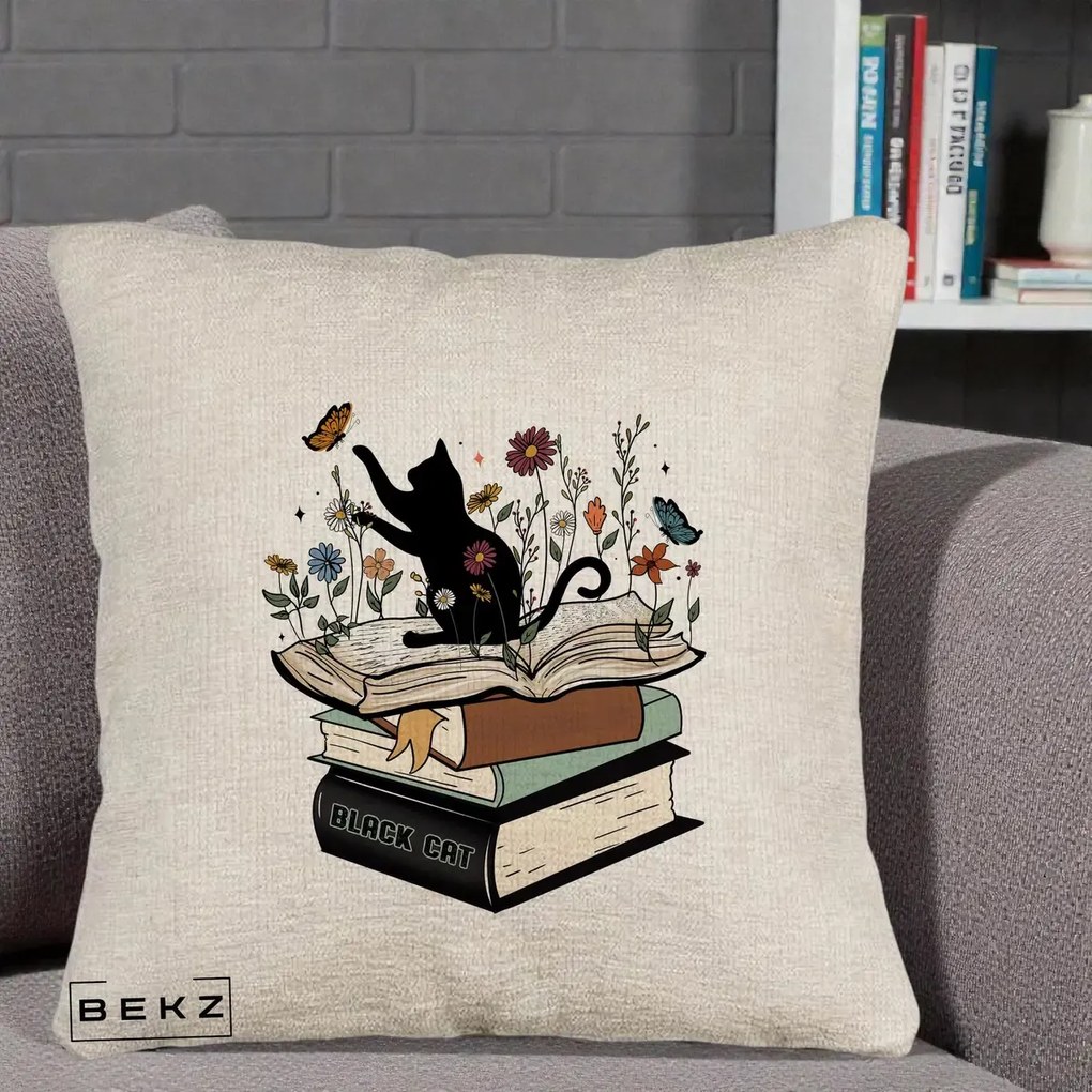 Perna Personalizata Pisica Neagra Carti Flori Fluturi, 40x40 cm, Bej Canapea, Husa Detasabila, Perna Inclusa, BEKZ®