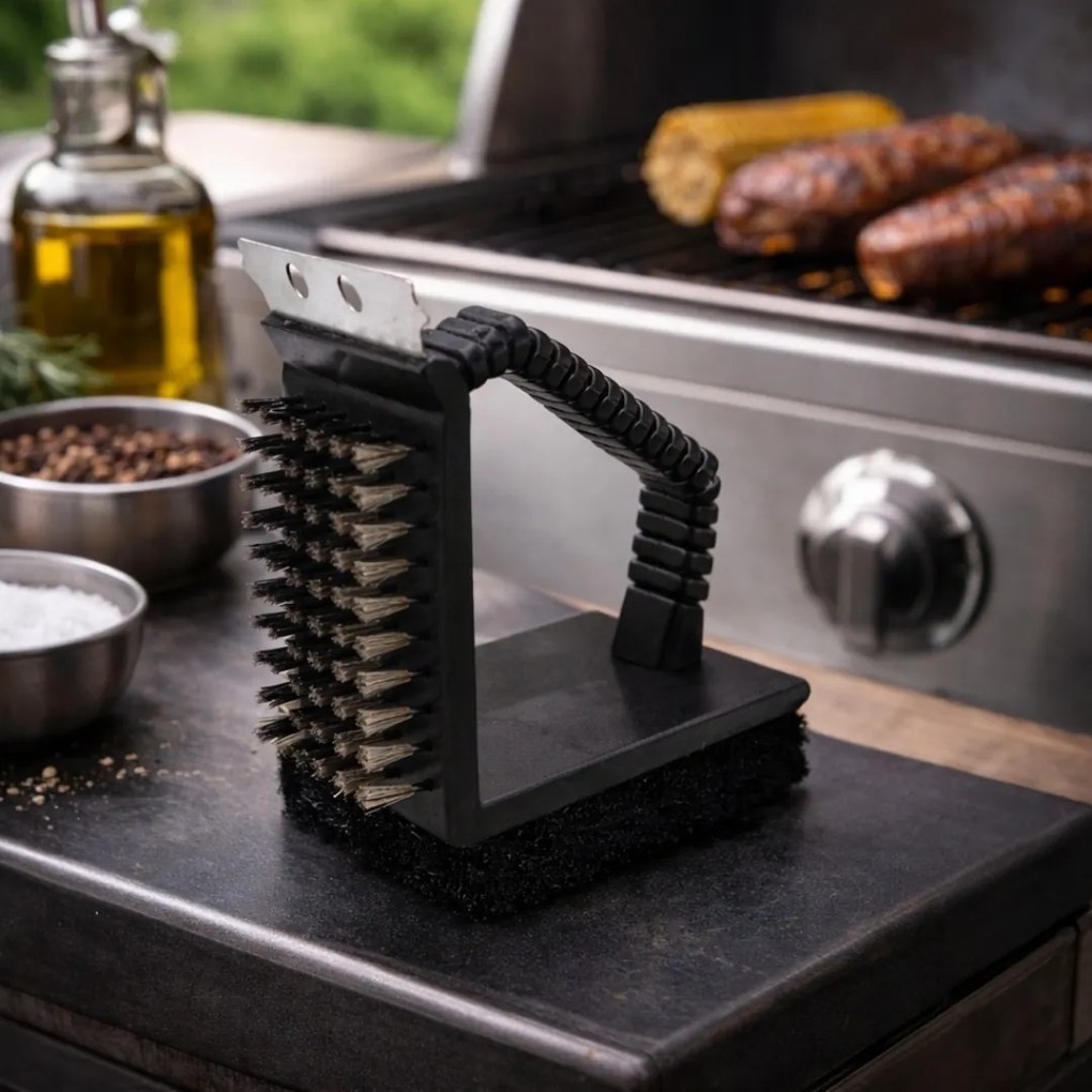 Perie premium 3 în 1 pentru curățarea grătarului, cu peri metalici rezistenți, racletă din oțel și burete abraziv, BBQ