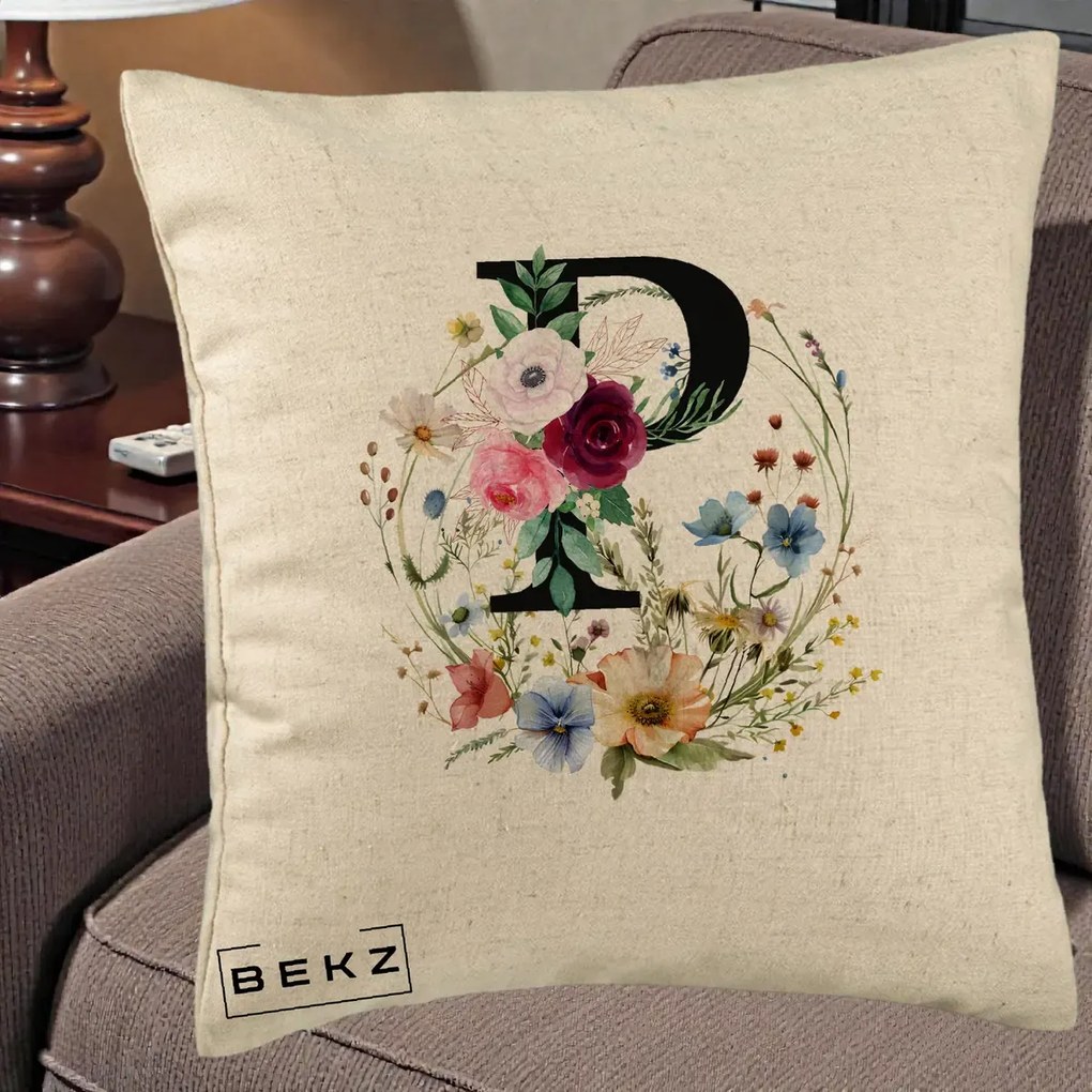 Cadou Personalizat - Perna Personalizata Monogram Litera P cu Flori Acuarela, 40x40 cm, Bej, Husa Detasabila, Perna Inclusa, BEKZ®